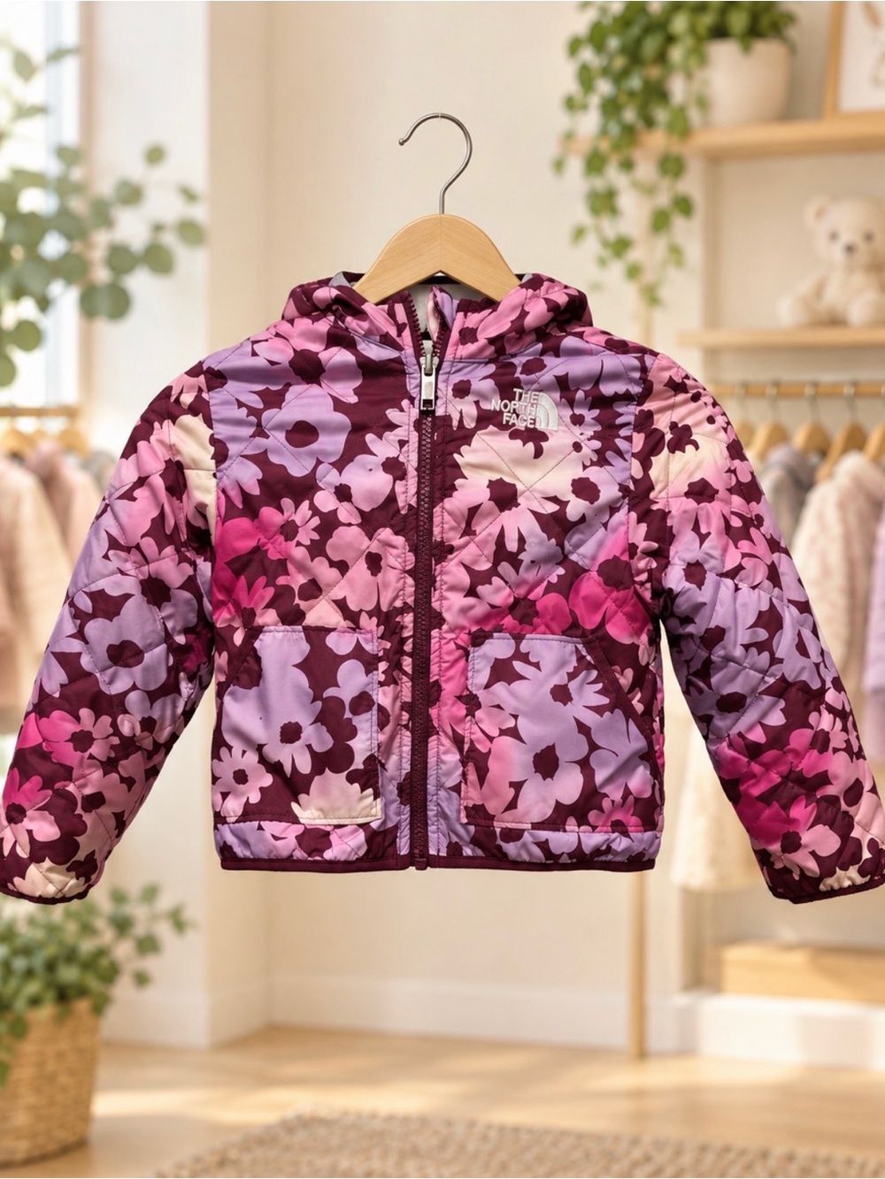 The North Face Kids' Pink/  Floral reversible Perrito hooded Jacket size 4